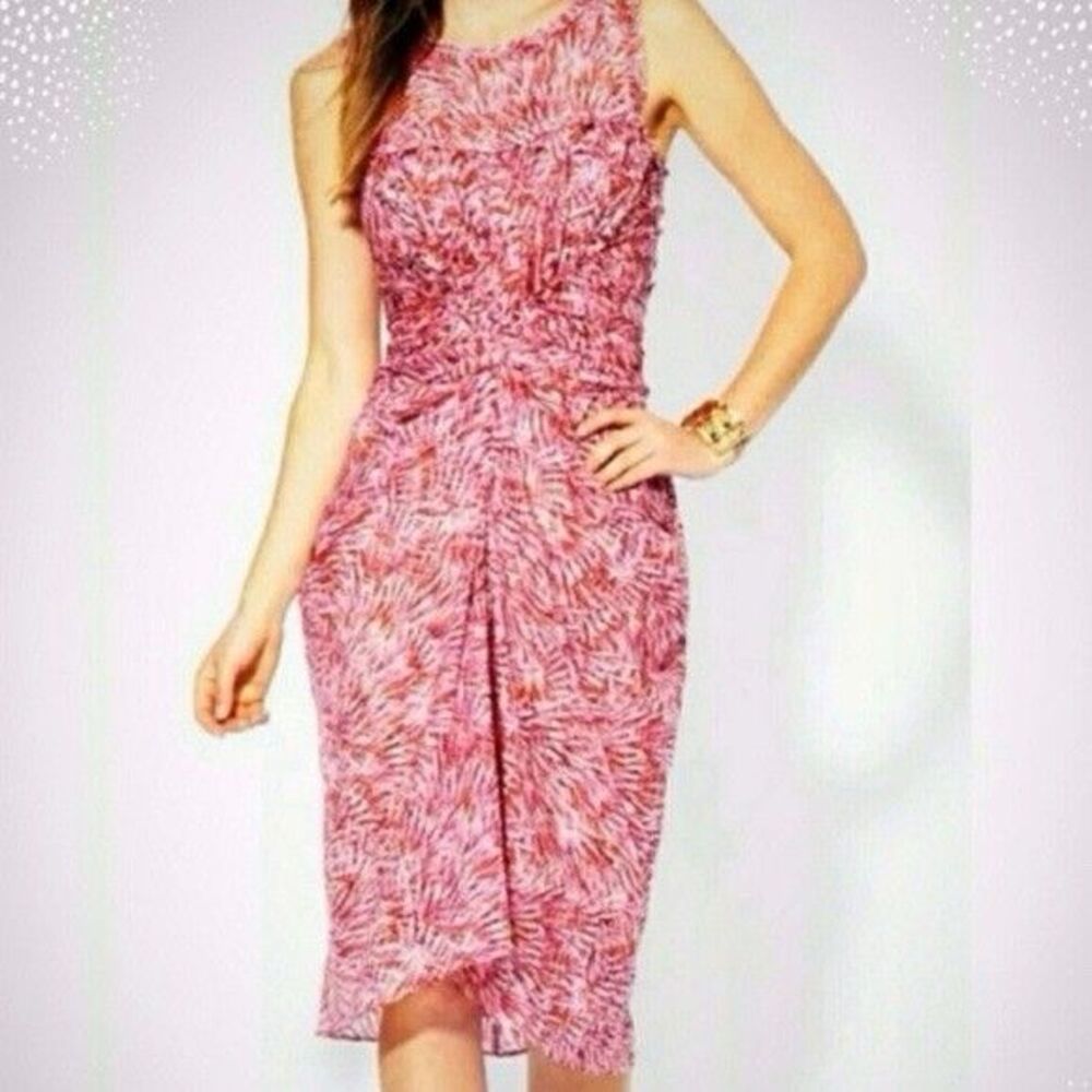 BCBGMAXAZRIA Pink Orange Abstract Print Ruched Draped Midi Dress Size 4